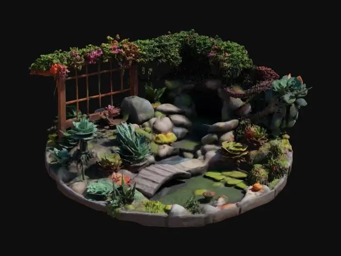 3D model for isometric view of a colorful, beautiful, elaborately detailed, flower and succulent garden with a trellis and a mini waterfall that flows into a pond with koi fish, water lilies, a fountain, and a small bridge over it and stunningly detailed flowers and succulents