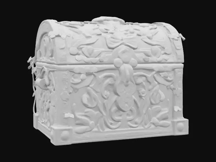 3D model for a beautiful colored, locked, intricately designed treasure chest wrapped in elaborate, winding, flowering forest vine design elements