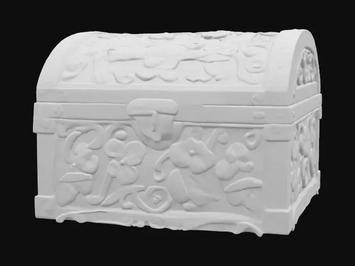 3D model for a beautiful colored, locked intricately designed treasure chest wrapped in elaborate, winding, flowering forest vine design elements