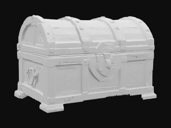3D model for a sleek, locked, intricately designed treasure chest covered in elaborate geometric patterns