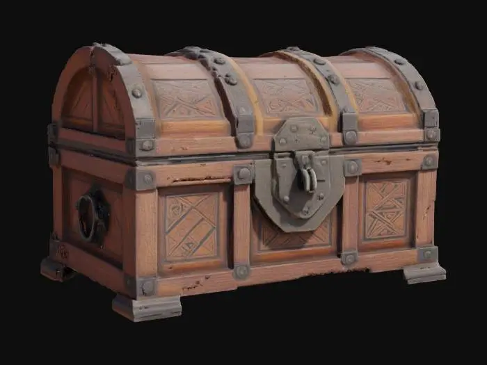 3D model for a sleek, locked, intricately designed treasure chest covered in elaborate geometric patterns