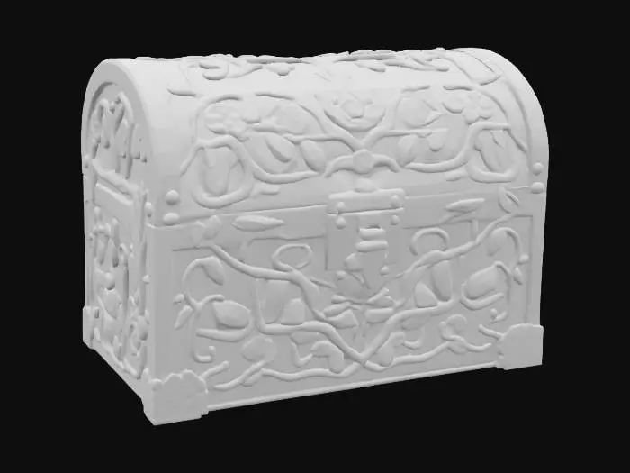 3D model for a colored, locked, beautiful and intricately designed forest-themed treasure chest with elaborate, winding, forest flora design elements