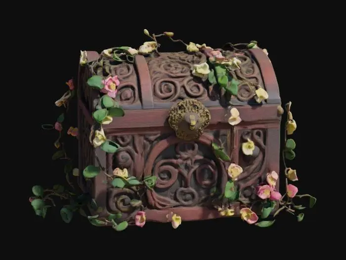 3D model for a beautiful colored, locked, intricately designed treasure chest wrapped in elaborate, winding, flowering forest vine design elements
