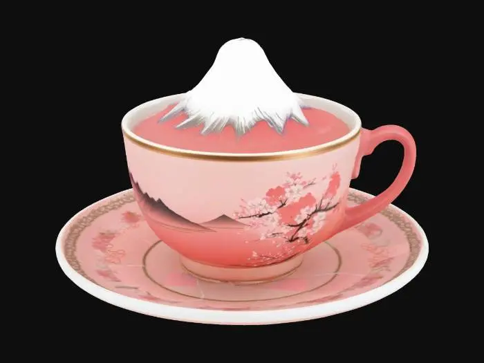 3D model for [Mount Fuji] Mount Fuji as a beautiful cup of tea with intricate cherry blossom details, #AroundTheWorld#