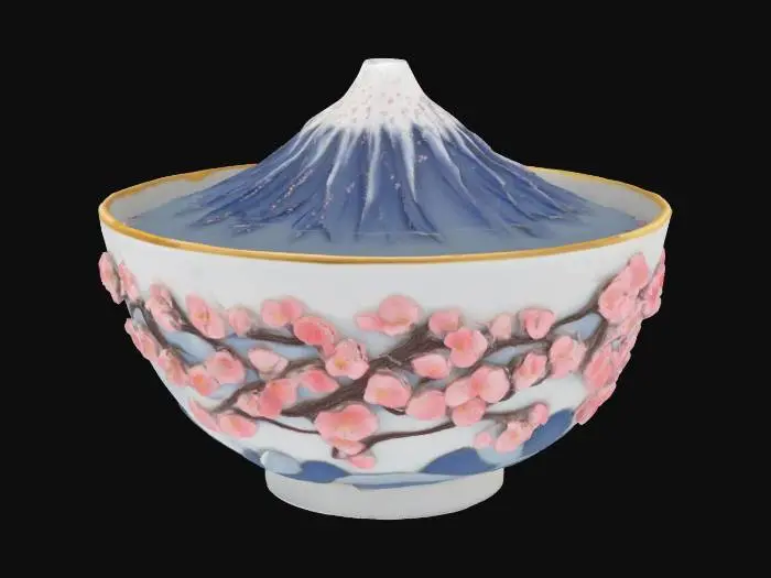 3D model for [Mount Fuji] Mount Fuji as a beautiful cup of tea with intricate cherry blossom details, #AroundTheWorld#