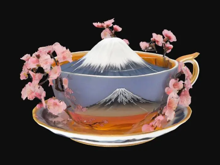 3D model for [Mount Fuji] Mount Fuji as a beautiful cup of tea with intricate cherry blossom details, #AroundTheWorld#
