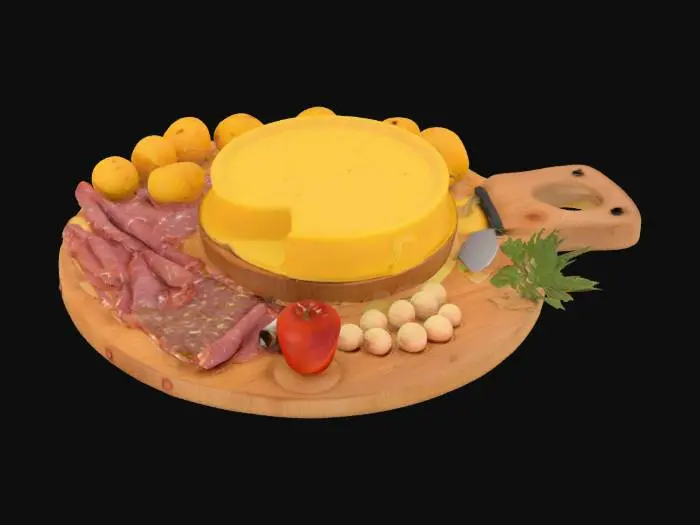 3D model for [Switzerland] Raclette with delicious charcuterie on a Switzerland-themed cutting board, #AroundTheWorld#