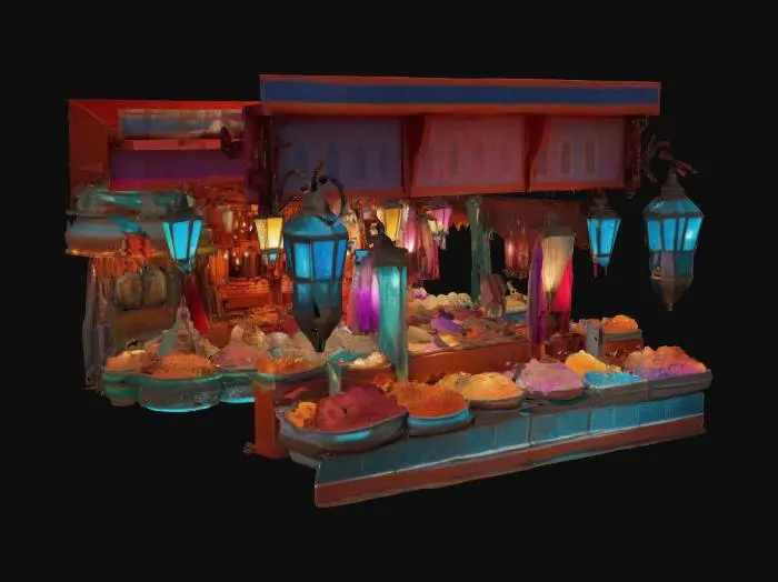 3D model for [Marrakech] a meticulously detailed Marrakech Bazaar with bioluminescent textiles and glowing spices, #AroundTheWorld#
