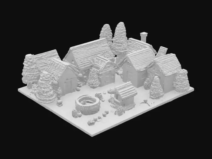 3D model for [Scandinavia] an isometric model of a knit-textured Nordic Village made from Scandinavian sweater patterns with crochet trees, #AroundTheWorld#