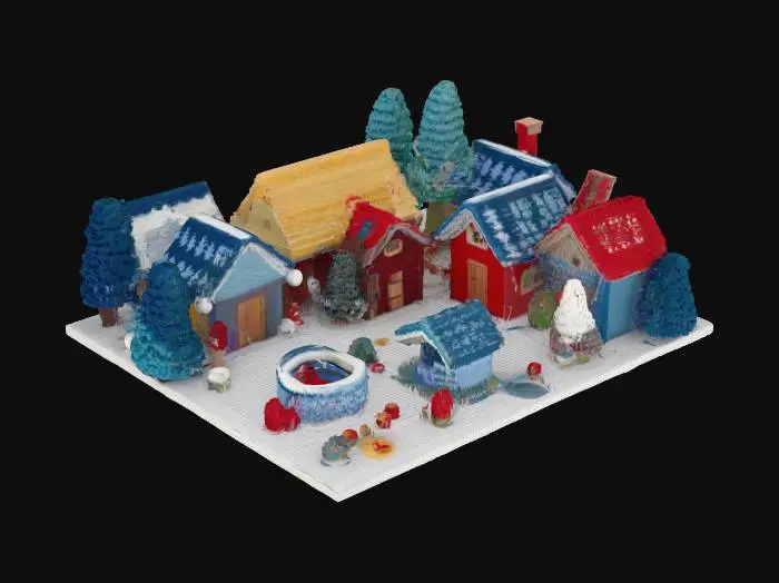3D model for [Scandinavia] an isometric model of a knit-textured Nordic Village made from Scandinavian sweater patterns with crochet trees, #AroundTheWorld#