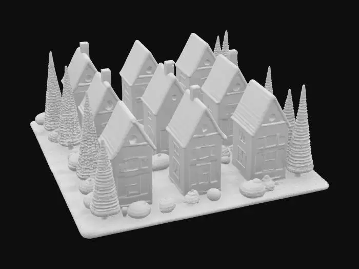 3D model for [Scandinavia] an isometric model of a knit-textured Nordic Village made from Scandinavian sweater patterns with crochet trees, #AroundTheWorld#