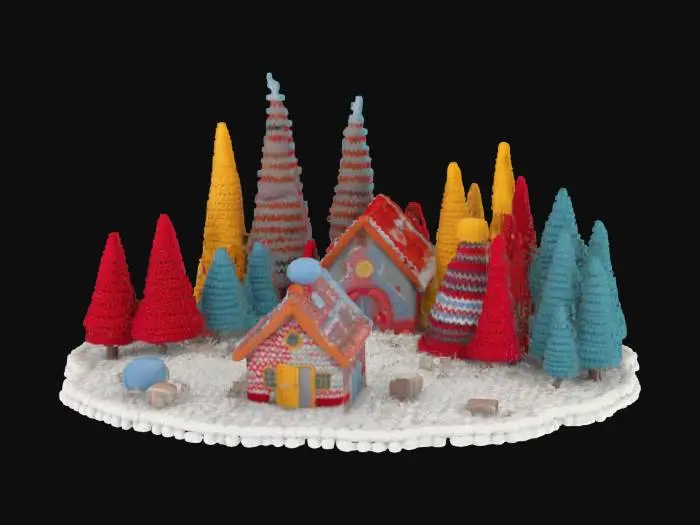 3D model for [Scandinavia] an isometric model of a knit-textured Nordic Village made from Scandinavian sweater patterns with crochet trees, #AroundTheWorld#