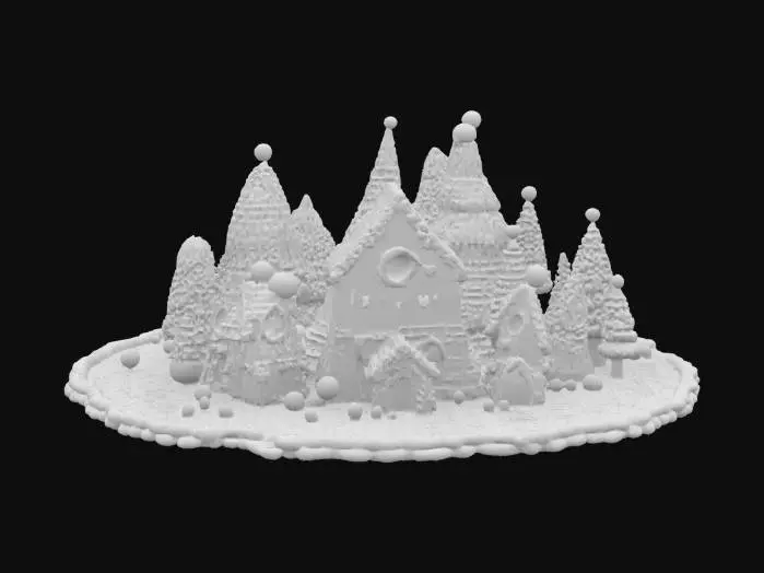 3D model for [Scandinavia] an entirely knitted-textured Nordic Village inspired by Scandinavian sweater patterns with yarn-wrapped trees, all on top of a nordic granny square, #AroundTheWorld#