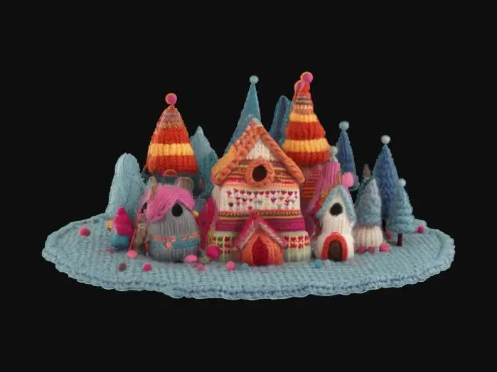3D model for [Scandinavia] an entirely knitted-textured Nordic Village inspired by Scandinavian sweater patterns with yarn-wrapped trees, all on top of a nordic granny square, #AroundTheWorld#