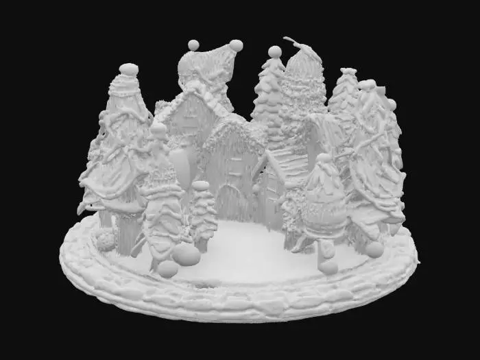 3D model for [Scandinavia] a completely knitted Nordic Village inspired by Scandinavian sweater patterns, with yarn-wrapped trees and on top of a nordic granny square, #AroundTheWorld#