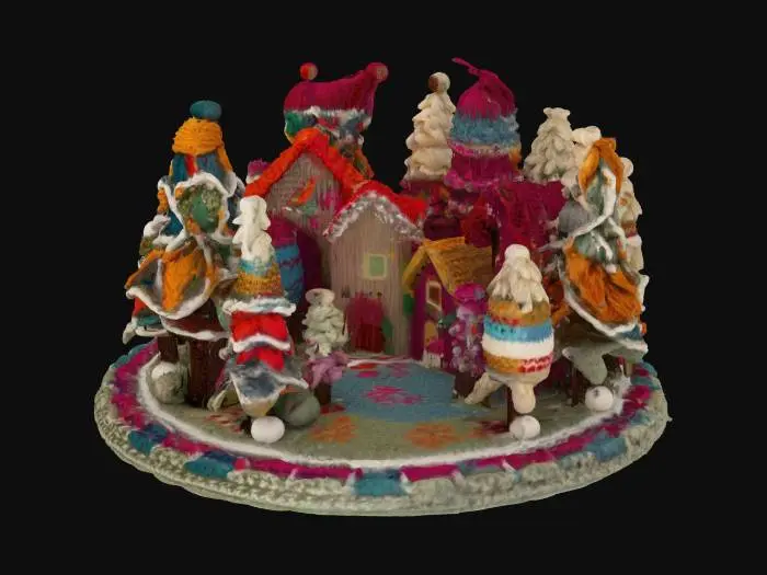 3D model for [Scandinavia] a completely knitted Nordic Village inspired by Scandinavian sweater patterns, with yarn-wrapped trees and on top of a nordic granny square, #AroundTheWorld#