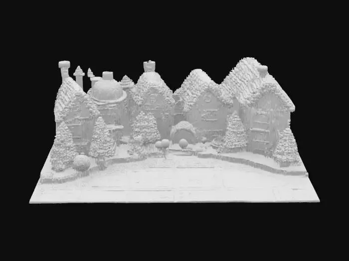 3D model for [Scandinavia] a completely knitted Nordic Village inspired by Scandinavian sweater patterns, with yarn-wrapped trees and on top of a nordic granny square, #AroundTheWorld#
