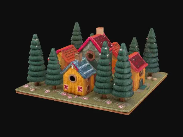 3D model for [Scandinavia] a completely knitted Nordic Village inspired by Scandinavian sweater patterns, with yarn-wrapped trees and on top of a nordic granny square, #AroundTheWorld#