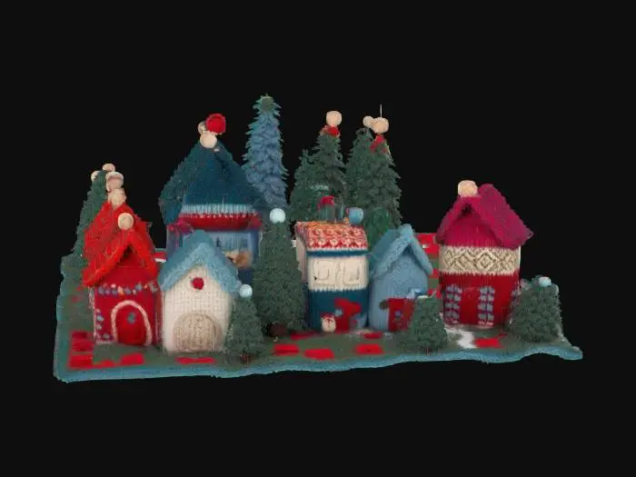 3D model for [Scandinavia] a completely knitted Nordic Village inspired by Scandinavian sweater patterns, with yarn-wrapped trees and on top of a nordic granny square, #AroundTheWorld#