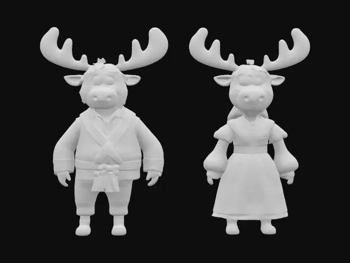 3D model for [Norway] Full Body, Moose cartoon male and female characters wearing traditional norwegian clothing, Highly Detailed,  #AroundTheWorld#