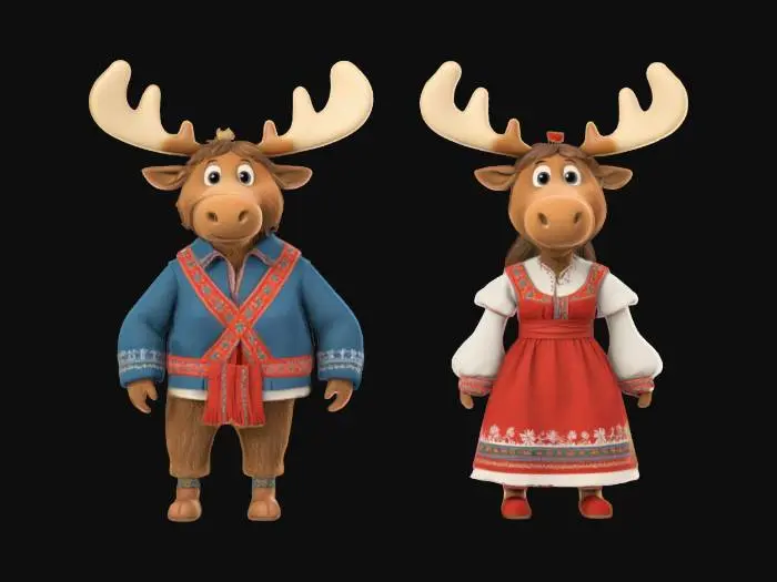3D model for [Norway] Full Body, Moose cartoon male and female characters wearing traditional norwegian clothing, Highly Detailed,  #AroundTheWorld#