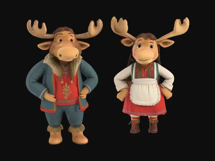 3D model for [Norway] Full Body, Moose cartoon male and female characters wearing traditional norwegian clothing, Highly Detailed,  #AroundTheWorld#