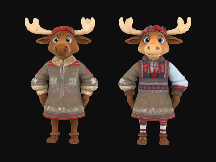 3D model for [Norway] Full Body, Moose cartoon male and female characters wearing traditional norwegian clothing, Highly Detailed,  #AroundTheWorld#