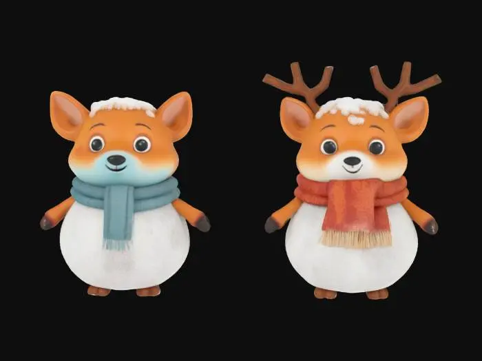 3D model for [Scandinavia] woodland animal cartoon characters with snowman-like snow-made bodies and a stylized cartoon woodland animal head, #AroundTheWorld#