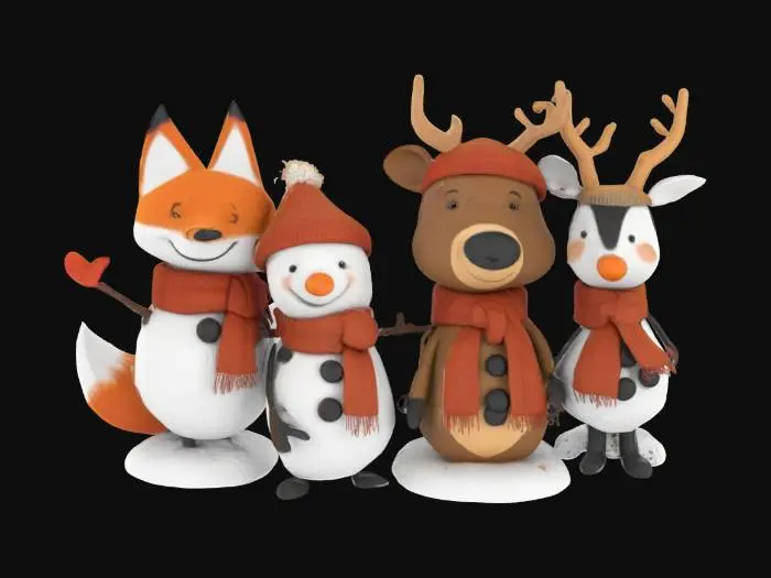 3D model for [Scandinavia] woodland animal cartoon characters with snowman-like snow-made bodies and a stylized cartoon woodland animal head, #AroundTheWorld#
