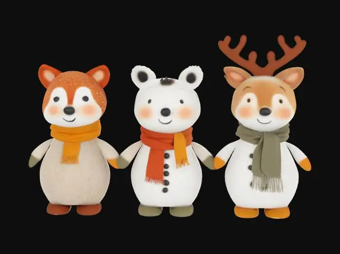 3D model for [Scandinavia] woodland animal cartoon characters with snowman bodies and a stylized cartoon woodland animal head, #AroundTheWorld#