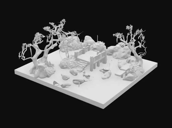 3D model for [Japan] an isometric model of purple-blue-glowing koi pond with a dock made entirely out of ancient vines and glowing string lights, Ultra Realistic, Highly Detailed, #AroundTheWorld#