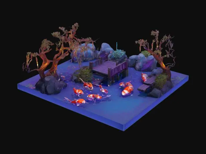3D model for [Japan] an isometric model of purple-blue-glowing koi pond with a dock made entirely out of ancient vines and glowing string lights, Ultra Realistic, Highly Detailed, #AroundTheWorld#