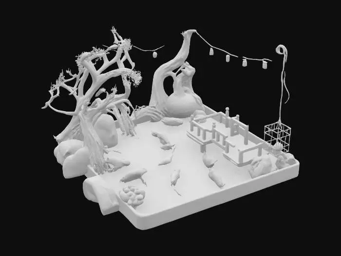 3D model for [Japan] an isometric model of purple-blue-glowing koi pond with a dock made entirely out of ancient vines and glowing string lights, Ultra Realistic, Highly Detailed, #AroundTheWorld#