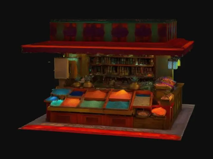 3D model for [Marrakech] a meticulously detailed Marrakech Bazaar vendor booth with bioluminescent textiles and glowing spices, #AroundTheWorld#