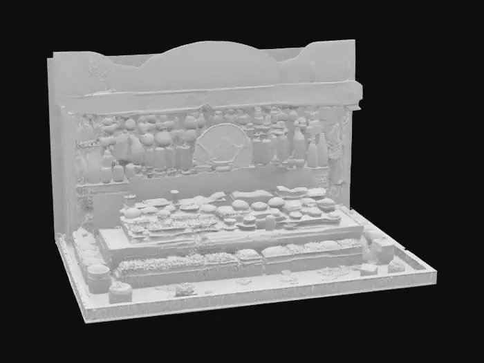 3D model for [Marrakech] a meticulously detailed Marrakech Bazaar vendor booth with bioluminescent textiles and glowing spices, #AroundTheWorld#