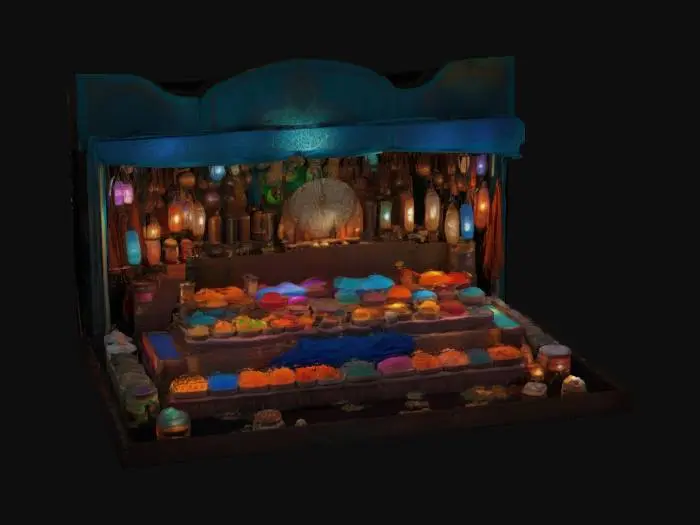 3D model for [Marrakech] a meticulously detailed Marrakech Bazaar vendor booth with bioluminescent textiles and glowing spices, #AroundTheWorld#