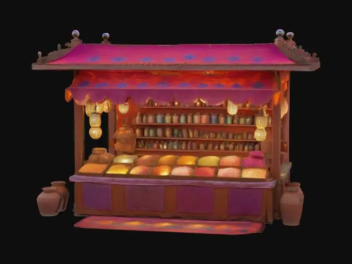 3D model for [Marrakech] a meticulously detailed Marrakech Bazaar vendor booth with bioluminescent textiles and glowing spices, #AroundTheWorld#