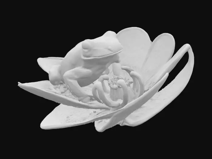 3D model for [Central America] Ultra Realistic, Hyper Detailed, a vibrant, glistening Harlequin Frog with a beautiful bioluminescent Passion Flower, #AroundTheWorld#