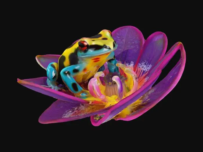 3D model for [Central America] Ultra Realistic, Hyper Detailed, a vibrant, glistening Harlequin Frog with a beautiful bioluminescent Passion Flower, #AroundTheWorld#
