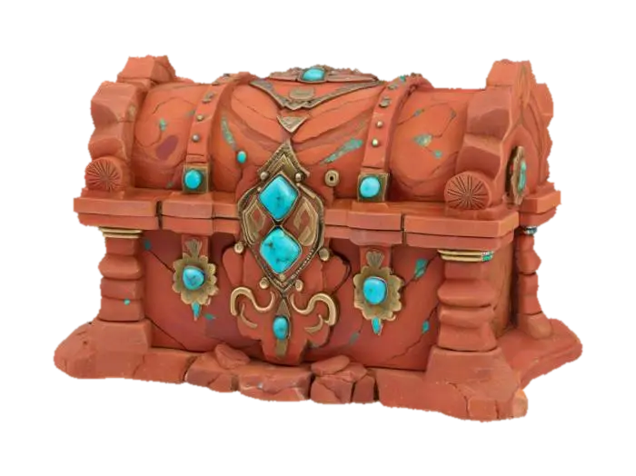 [New Mexico] an ornate stacked red rock treasure chest inlay with turquoise… 3D model, vytvořený pomocí AI