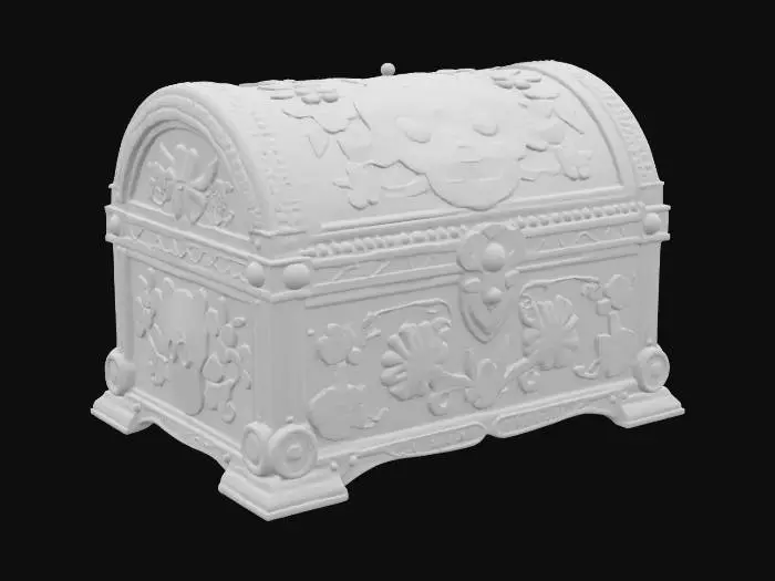 3D model for [Mexico] an ornate black Dia De Los Muertos treasure chest inlay with elaborate sugar skulls, #AroundTheWorld#