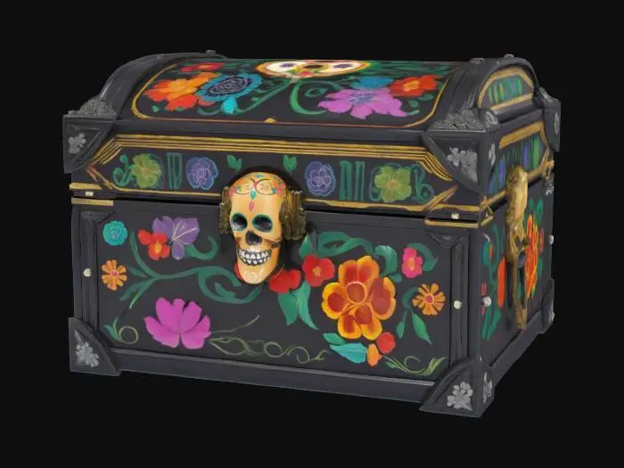 3D model for [Mexico] an ornate black Dia De Los Muertos treasure chest inlay with elaborate sugar skulls, #AroundTheWorld#