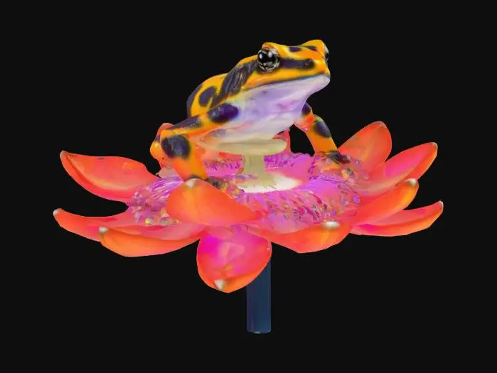 3D model for [Central America] Ultra Realistic, Hyper Detailed, a vibrant, glistening Harlequin Toad in a bioluminescent glowing Passion Flower, #AroundTheWorld#