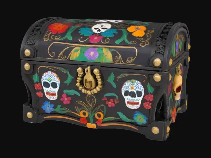 3D model for [Mexico] an ornate black Dia De Los Muertos treasure chest inlay with elaborate sugar skulls, #AroundTheWorld#