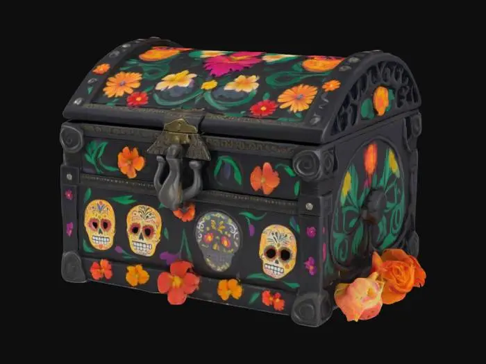 3D model for [Mexico] an ornate black Dia De Los Muertos treasure chest inlay with elaborate sugar skulls, #AroundTheWorld#