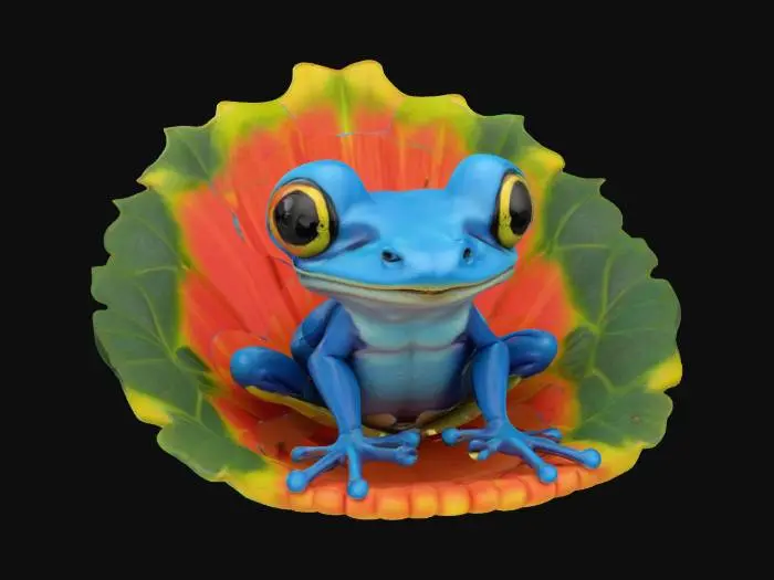 3D model for [Columbia] a blue cartoonish poison dart frog sitting in a Heliconia flower chair, #AroundTheWorld#