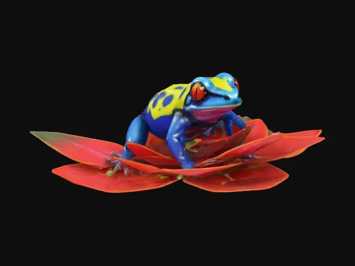3D model for [south america] Ultra Realistic, Hyper Detailed, a bioluminescent poison dart frog with a Heliconia flower, #AroundTheWorld#