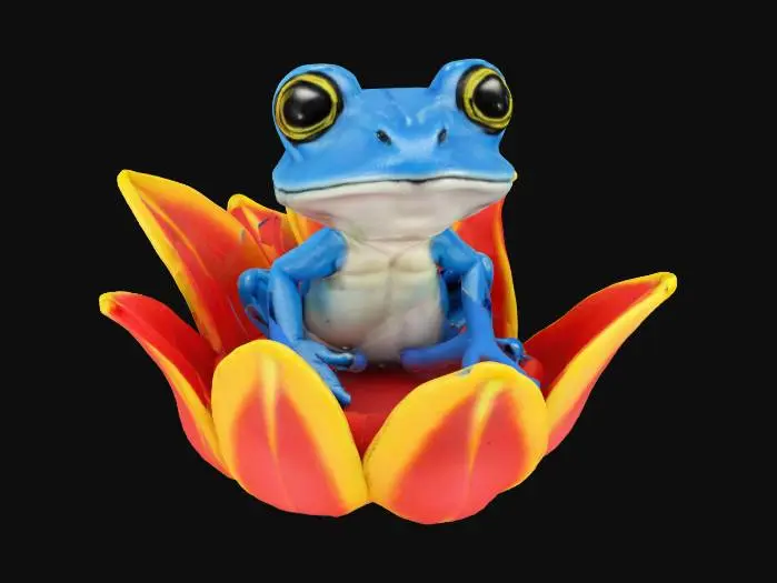 3D model for [Columbia] a blue cartoonish poison dart frog sitting in a Heliconia flower chair, #AroundTheWorld#