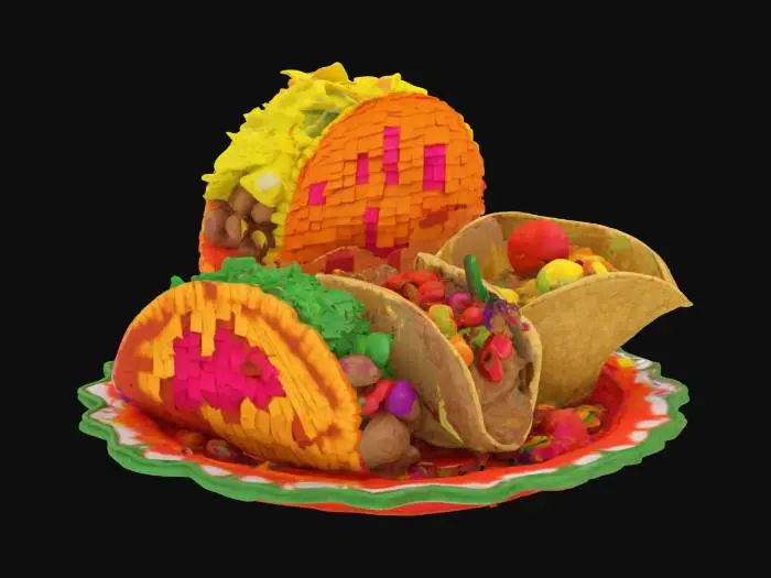 3D model for [Mexico], Highly Detailed, Ultra Realistic, colorful Mexican food pinatas arranged on a platter, #AroundTheWorld#