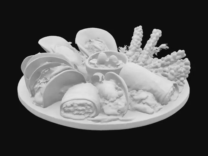 3D model for [Mexico], Highly Detailed, Ultra Realistic, a delicious Mexican dinner party platter with detailed food like mini tacos, churros, burritos, and al pastor, #AroundTheWorld#